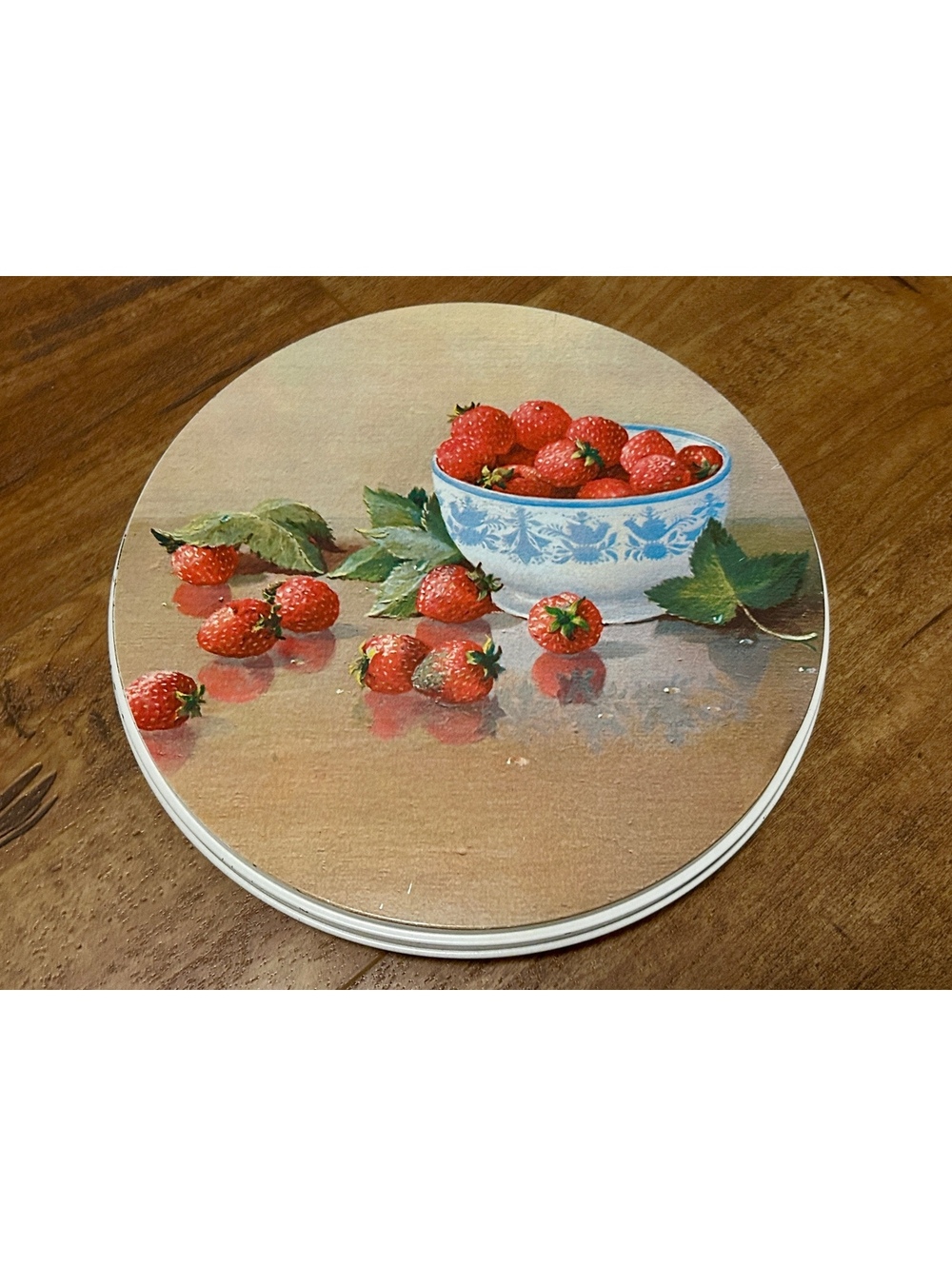 Vintage Round Tin with Strawberry Bowl Design